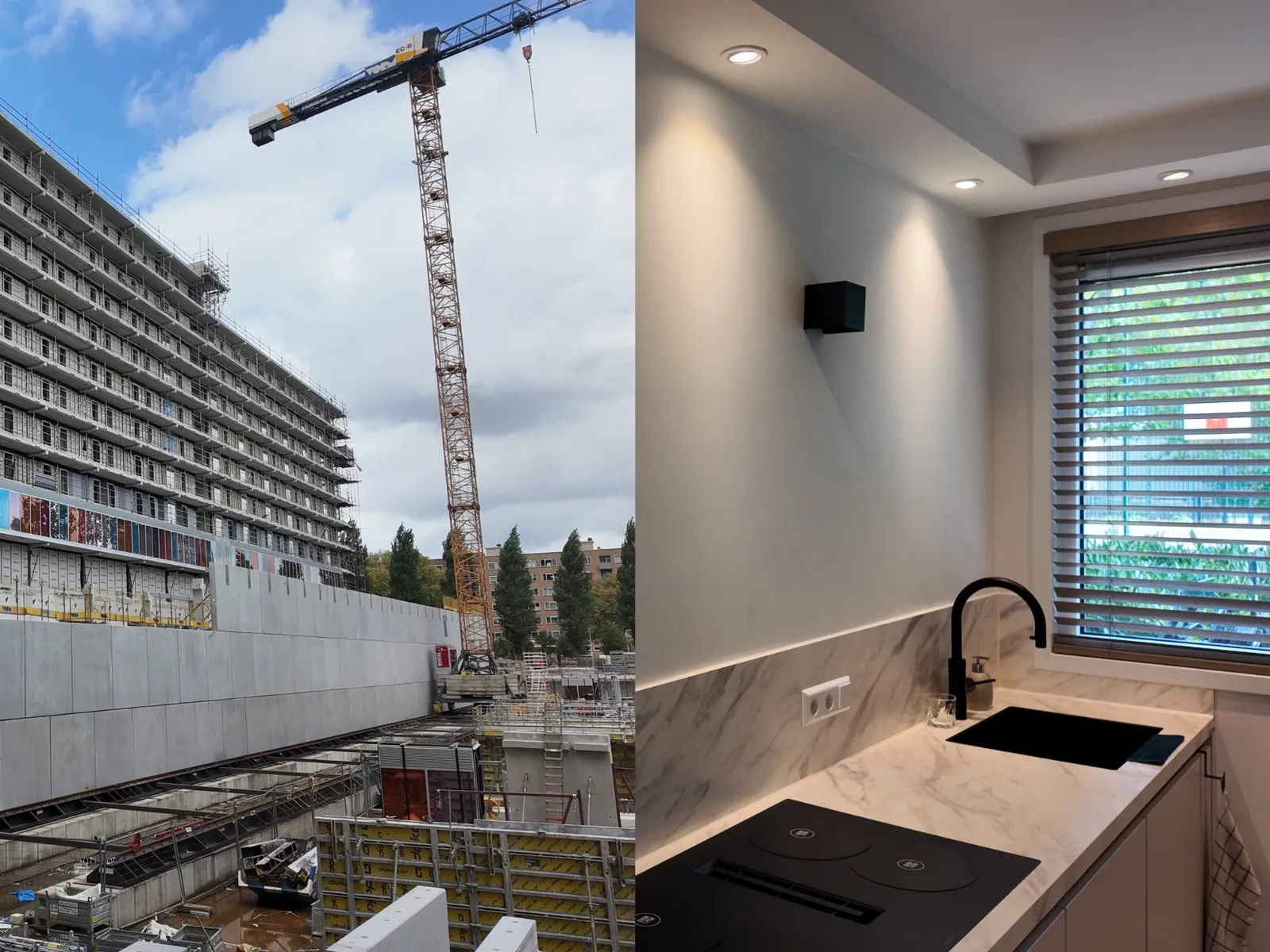 Tweeluik: links een groot project in de steigers met een bouwkraan, rechts een opgeleverde keuken met strak afgewerkte wanden